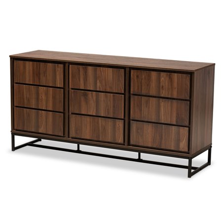 BAXTON STUDIO Neil Modern Walnut Brown Finished Wood and Black Finished Metal 3-Door Dining Room Sideboard Buffet 178-11214-Zoro